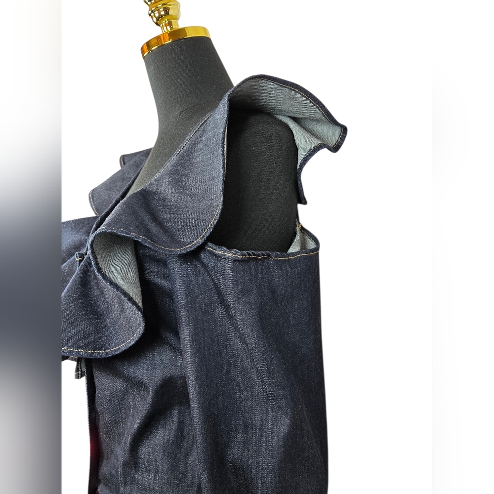 The Attico Ruffle Denim Blouse Scoop Neck Cold Shoulder Made in Italy | US Small - Picture 11 of 11